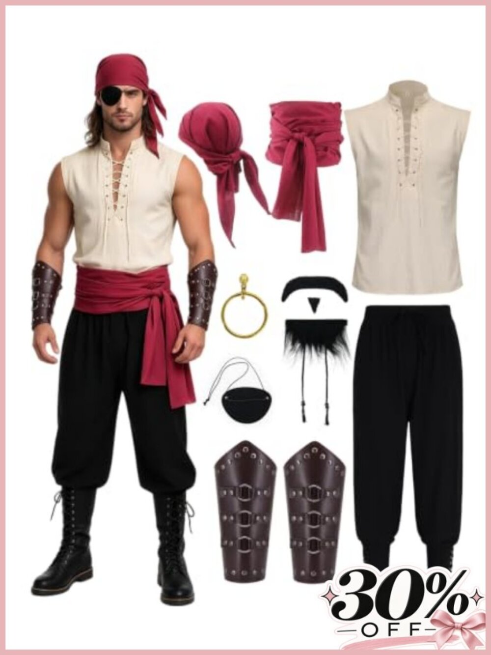 Men's 8-Piece Pirate Costume Set Vest Pants Scarf Belt